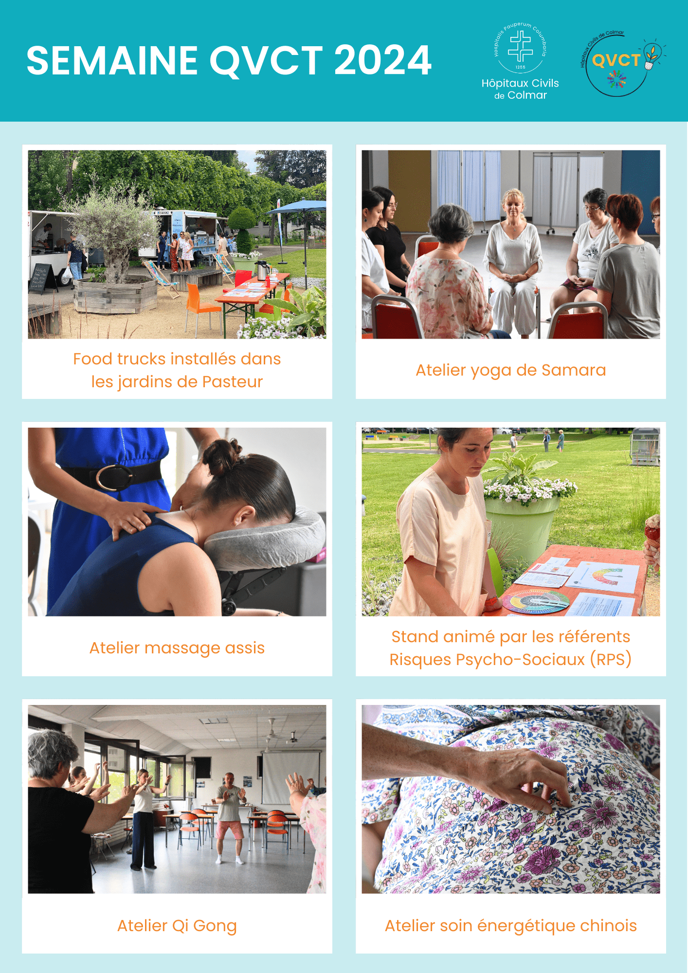 Montage photo "retour sur la QVCT" avec des photos des food trucks, du yoga, des massages, d'un stand, de l'atelier Qi Gong et soin énergétique chinois.