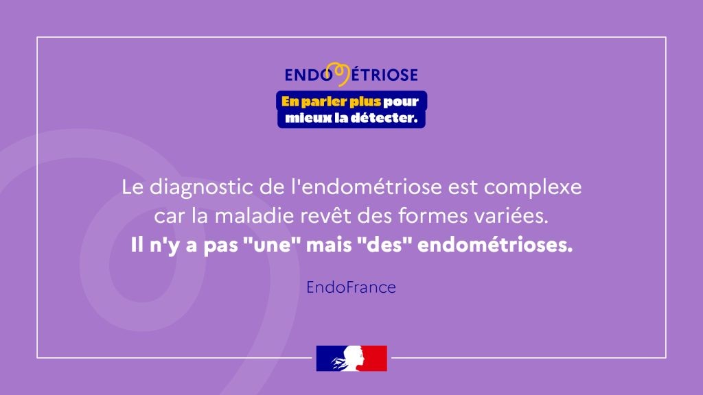 Texte sur l'image : "le diagnostic de l'endométriose est complexe car la maladie revêt des formes variées. Il n'y a pas une mais des endométrioses."