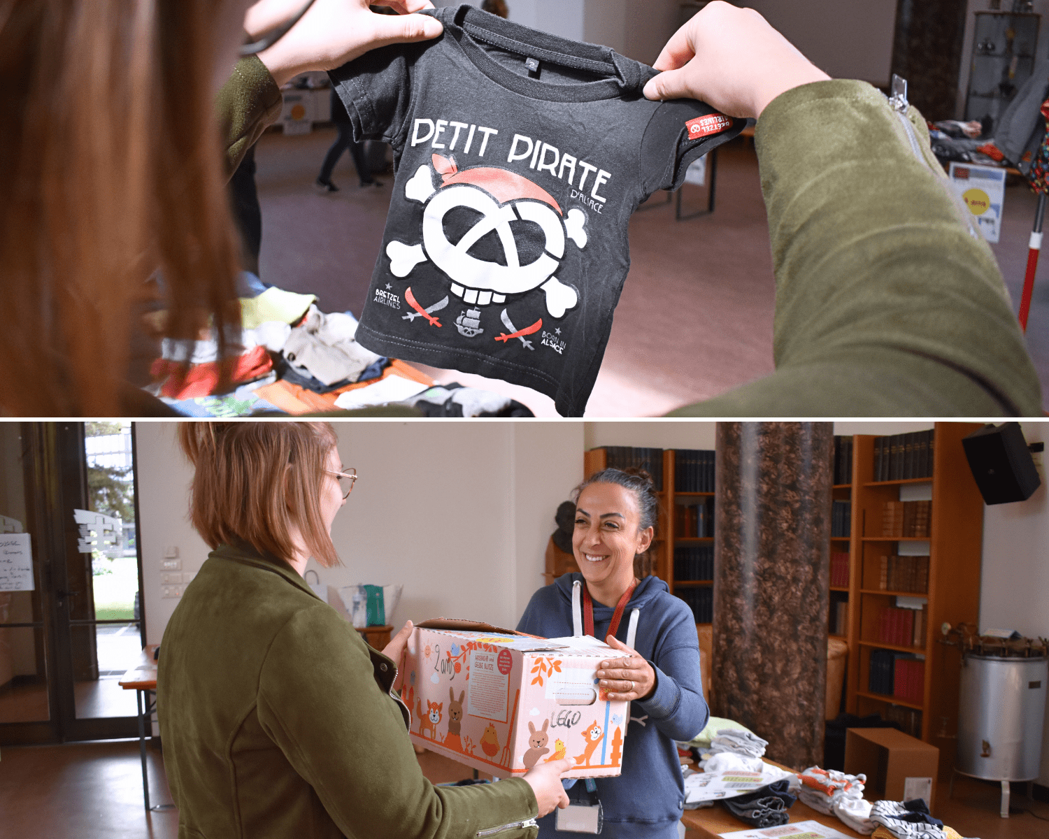 Montage de deux photos pour la bourse aux vêtements. Photo 1 : personne qui tient un t-shirt pirate pour enfant. Photo 2 : personne qui remet un carton de vêtements à donner.