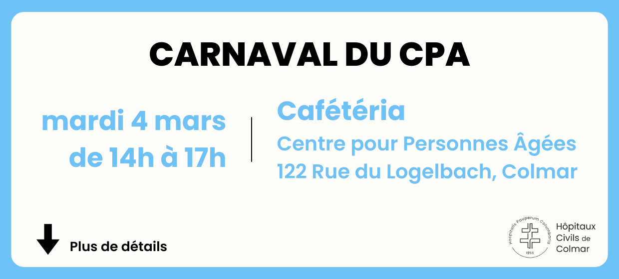 Carnaval du CPA : mardi 4 mars de 14h à 17h / cafétéria du centre pour personnes âgées de Colmar