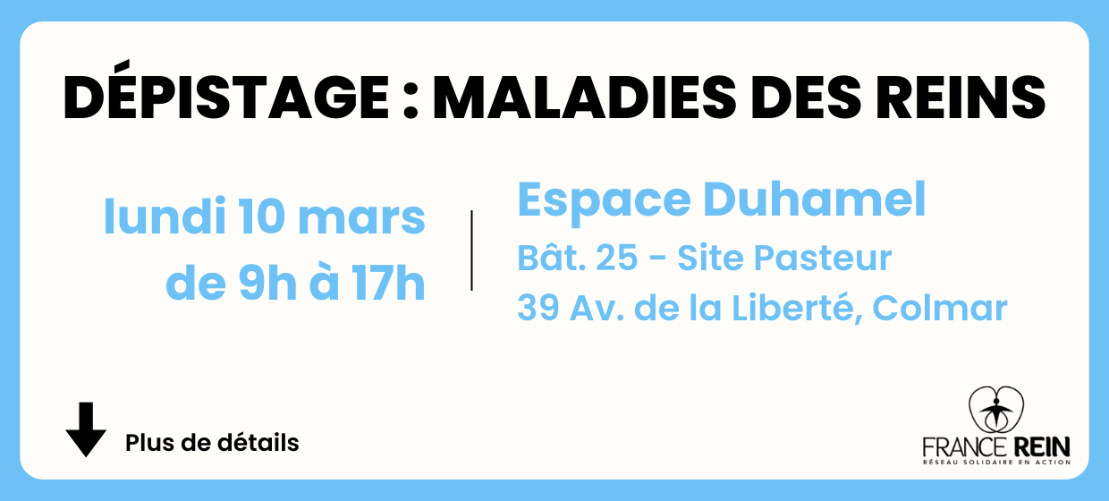 Dépistage des maladies des reins : lundi 10 mars de 9h à 17h / espace duhamel (HCC)