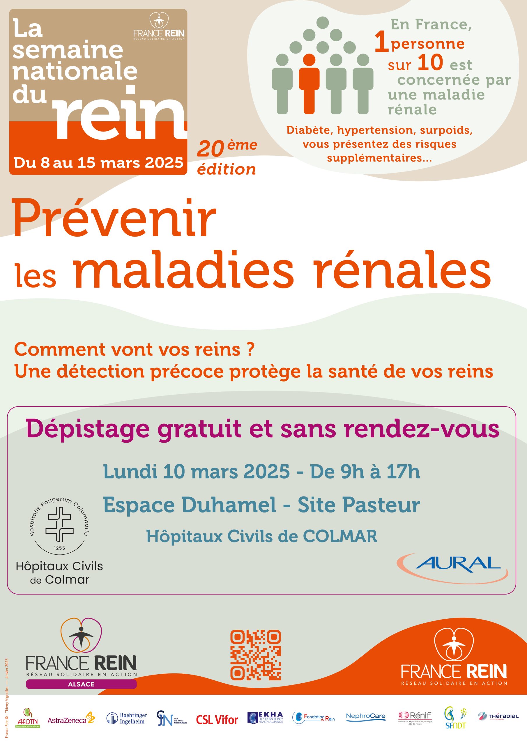 Affiche pour le dépistage des maladies des reins organisé par France Rein Alsace le 10 mars 2025 de 9h à 17h à l'espace Duhamel (hôpital Pasteur de Colmar)